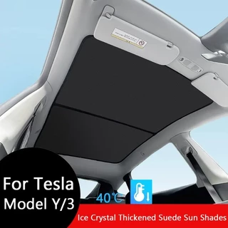 ที่บังแดดหลังคากระจก Tesla Model 3 Highland Model Y 2020-2026 ผ้าไอซ์ซิลค์ ติดตั้งด้วยตัวล็อค ป้องกันแสงแดด กระจกหลังคา Sunroof อุปกรณ์ตกแต่งรถ