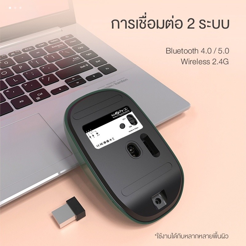 IWACHI I4 เมาส์ไร้สาย Bluetooth 2.4G/BT5.0 ชาร์จได้ คลิกเงียบ แบตในตัว 650mAh ประหยัด ไม่ต้องใช้ถ่าน