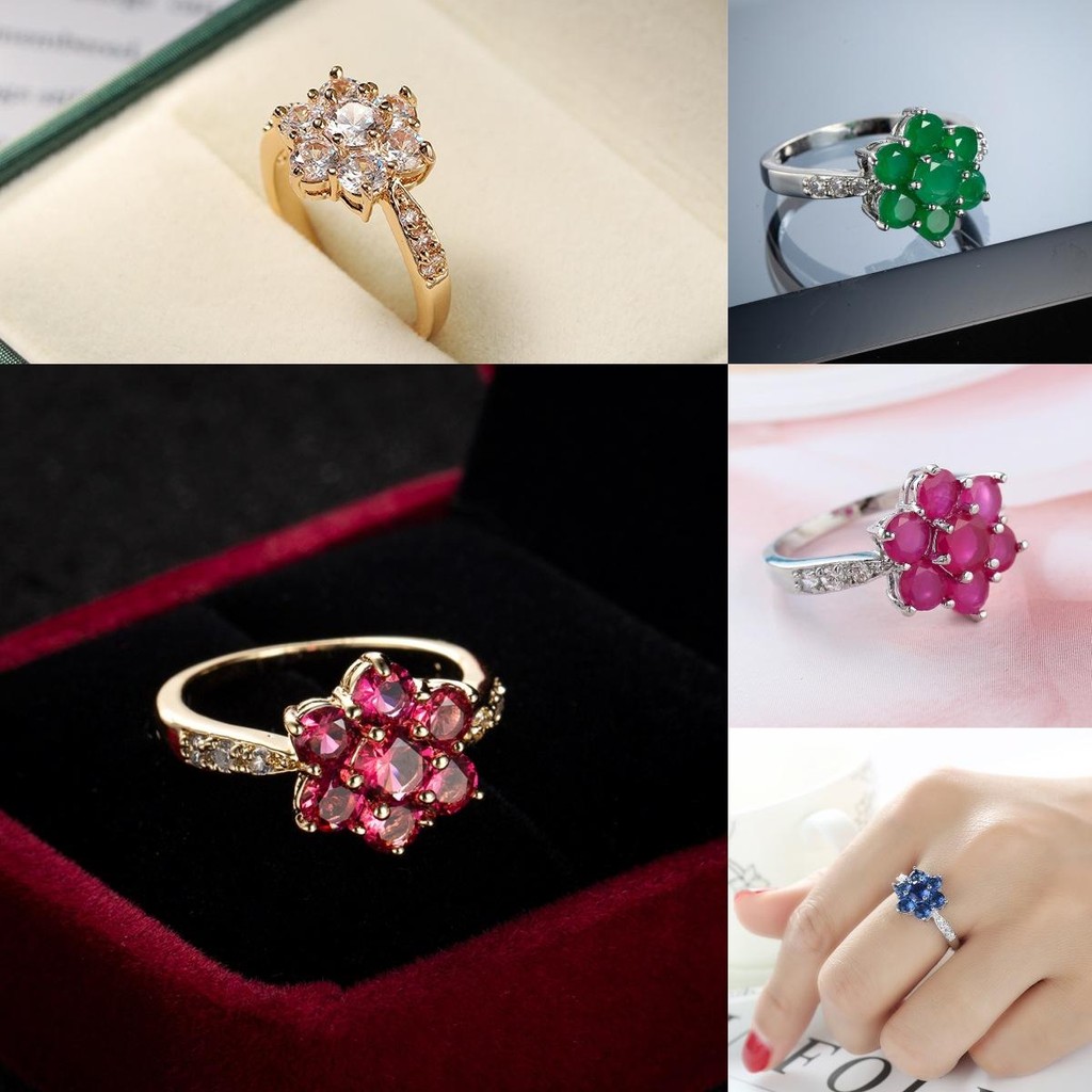 แหวนดอกไม้สีแดงชุบทอง สไตล์โรمانติกสำหรับวิวาห์และเครื่องประดับแฟชั่น