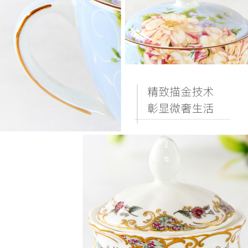 ดอกไม้สไตล์สวนกระดูกปิดทองจีนชามน้ําตาลขวดน้ําตาลที่มีฝาปิดหรูหราสไตล์อังกฤษเครื่องน้ําชายามบ่าย - รูปที่ 7