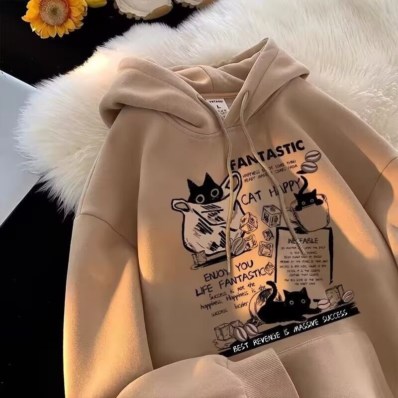 สไตล์ย้อนยุคอะนิเมะแมวการ์ตูนพิมพ์เสื้อกันหนาวคลุมด้วยผ้าของผู้หญิง อิน อเนกประสงค์ฤดูใบไม้ร่วงและฤดูหนาวหลวมสบายๆคู่สูงสุด