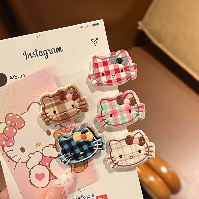 น่ารักลายสก๊อตคิตตี้แมวกิ๊บผู้หญิงการ์ตูนที่เรียบง่ายสีกาแฟขอบด้านข้างอุปกรณ์ผม