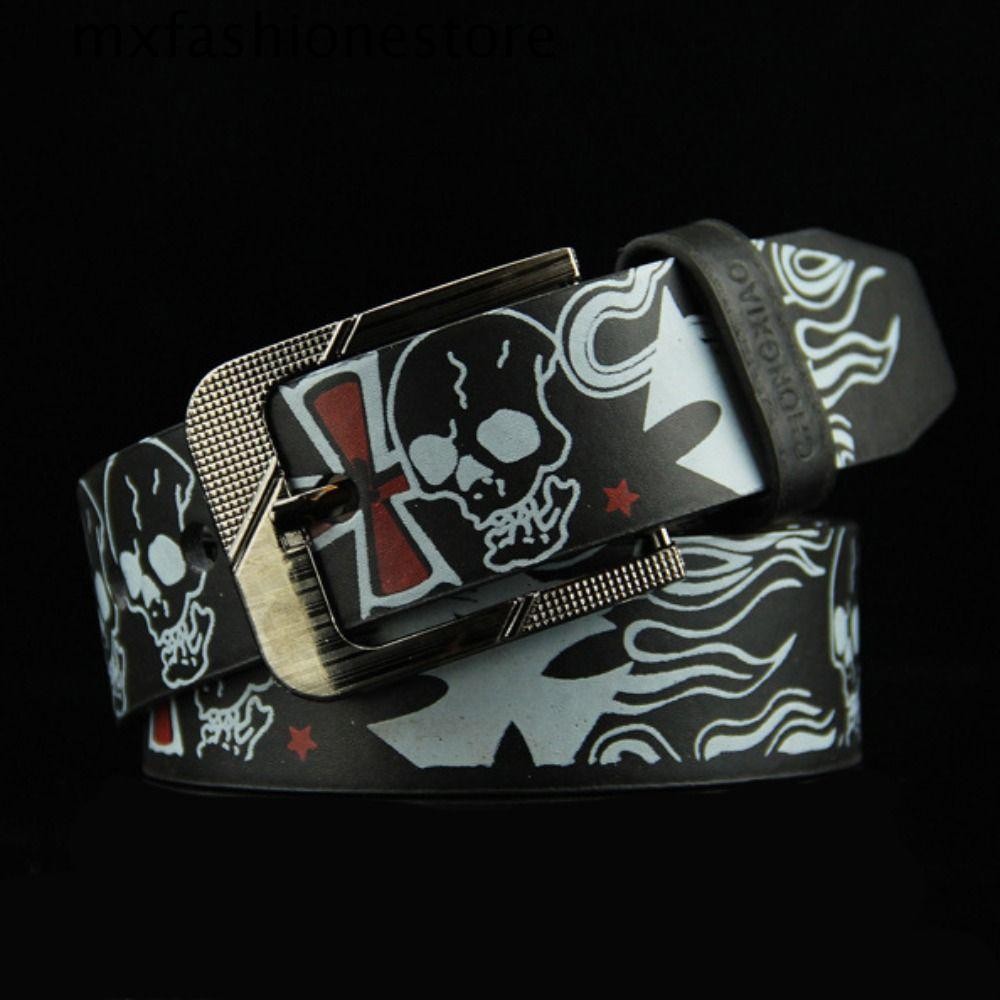 Mxfashione เข็มขัดหนัง PU ส่วนบุคคล Vintage Trend Skull Skeleton รูปแบบ Y2K Cross Pin หัวเข็มขัดกางเกงยีนส์เข็มขัดสําหรับชายเกาหลีสายรัดเอว