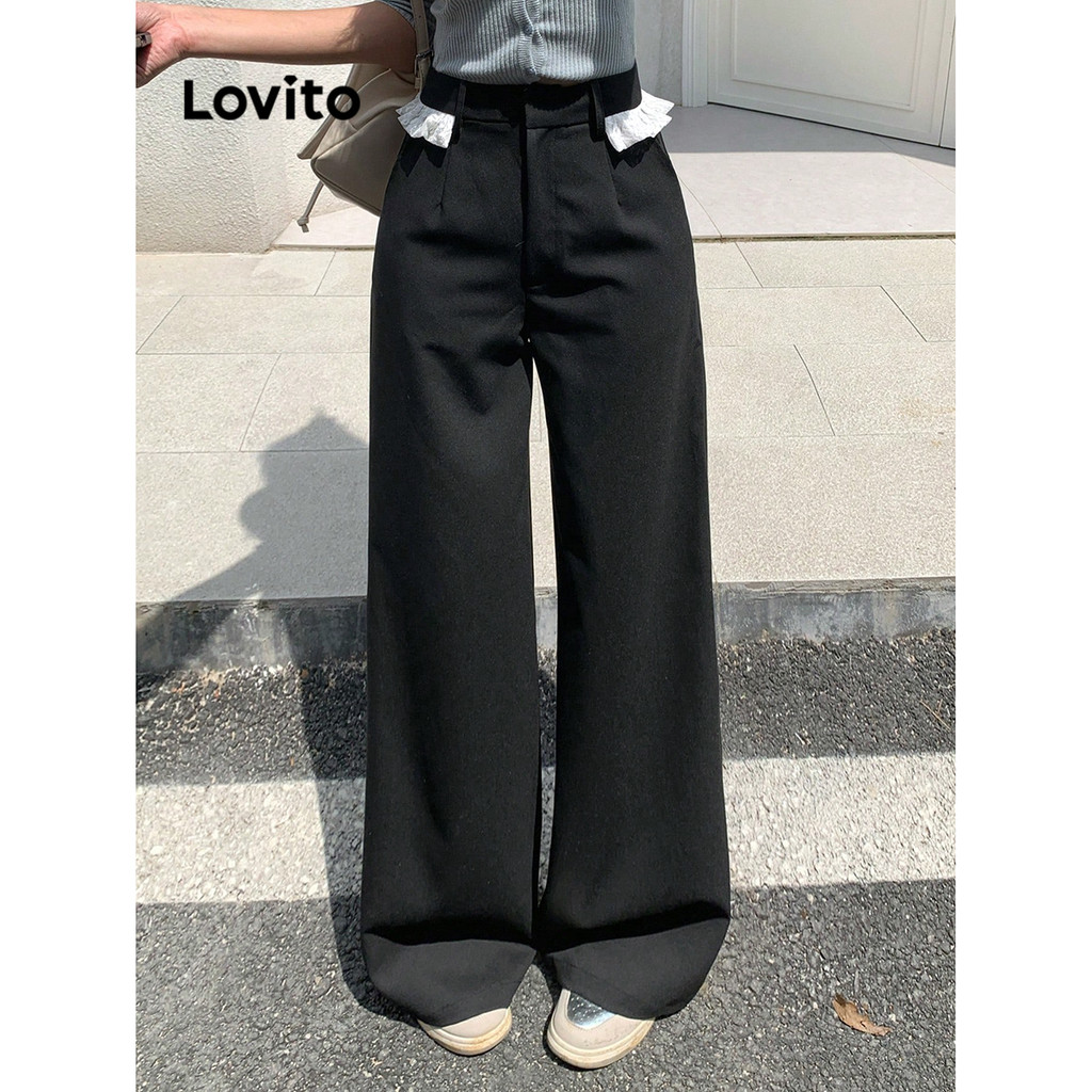 Lovito กางเกง สีบล็อกลูกไม้เย็บผ้าธรรมดาน่ารักสำหรับผู้หญิง LAD106016