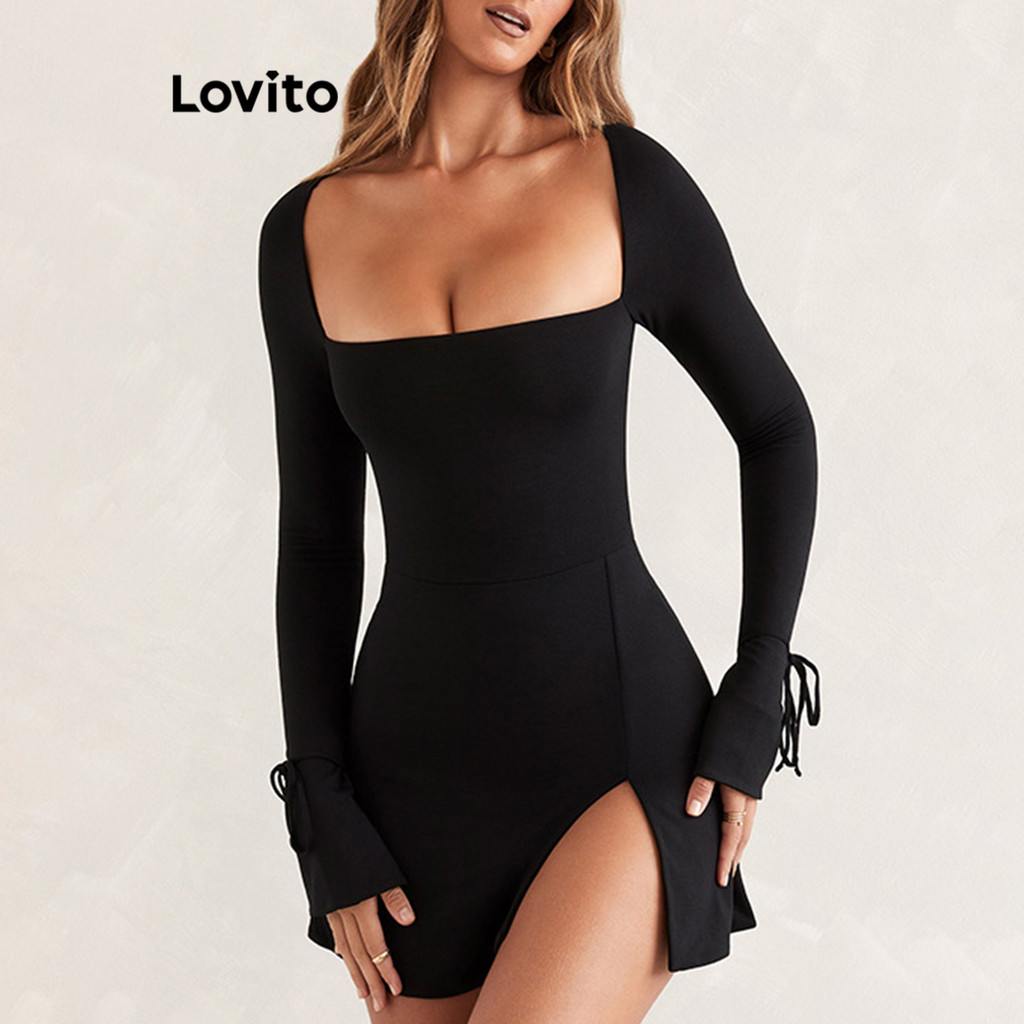 Lovito ชุดเดรสผู้หญิง ผ่าด้านหน้า ผูกเชือก สีพื้น หรูหรา LNL56376