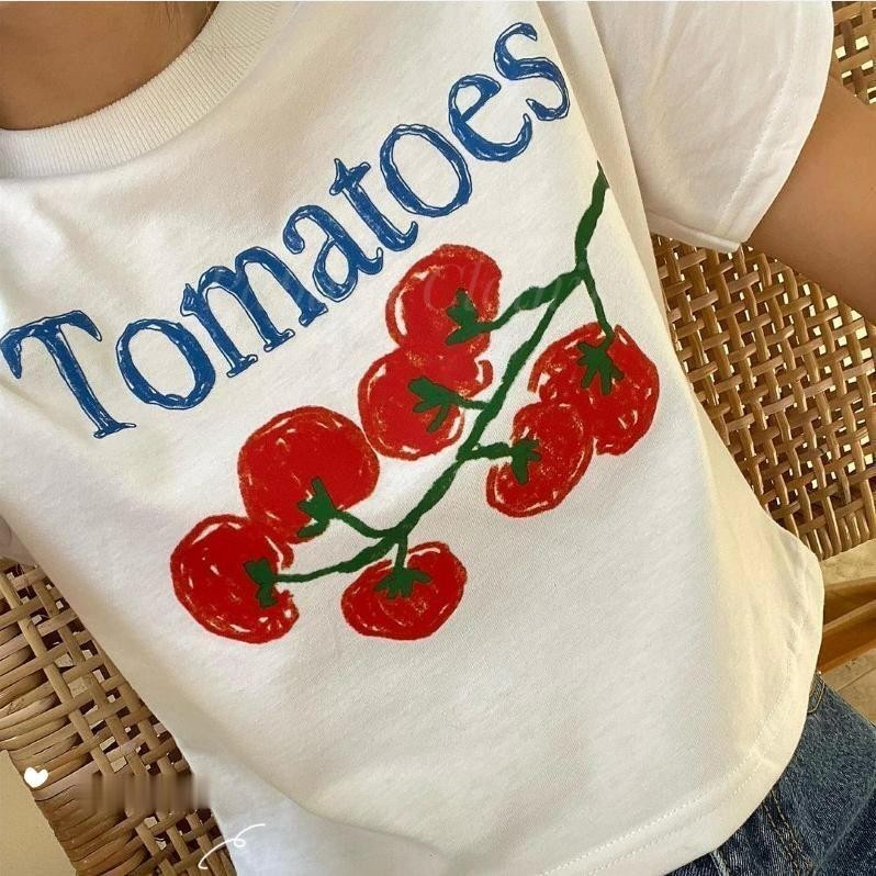 เสื้อครอป เสื้อยืดพิมพ์ลายมะเขือเทศสีแดง Crop top ครอปน่ารัก มินิมอล Baby tee เสื้อครอปท็อป Cotton 100% S-3XL