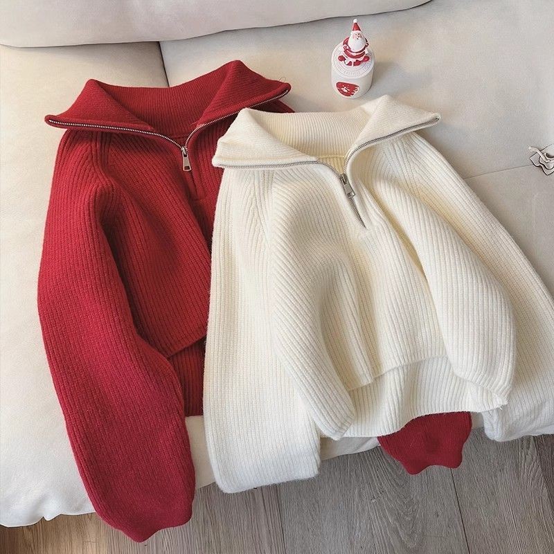สีแดงธรรมดาเสื้อกันหนาวหนาถักฤดูใบไม้ร่วงฤดูหนาวใหม่ซิปปกเสื้อกันหนาวผู้หญิง
