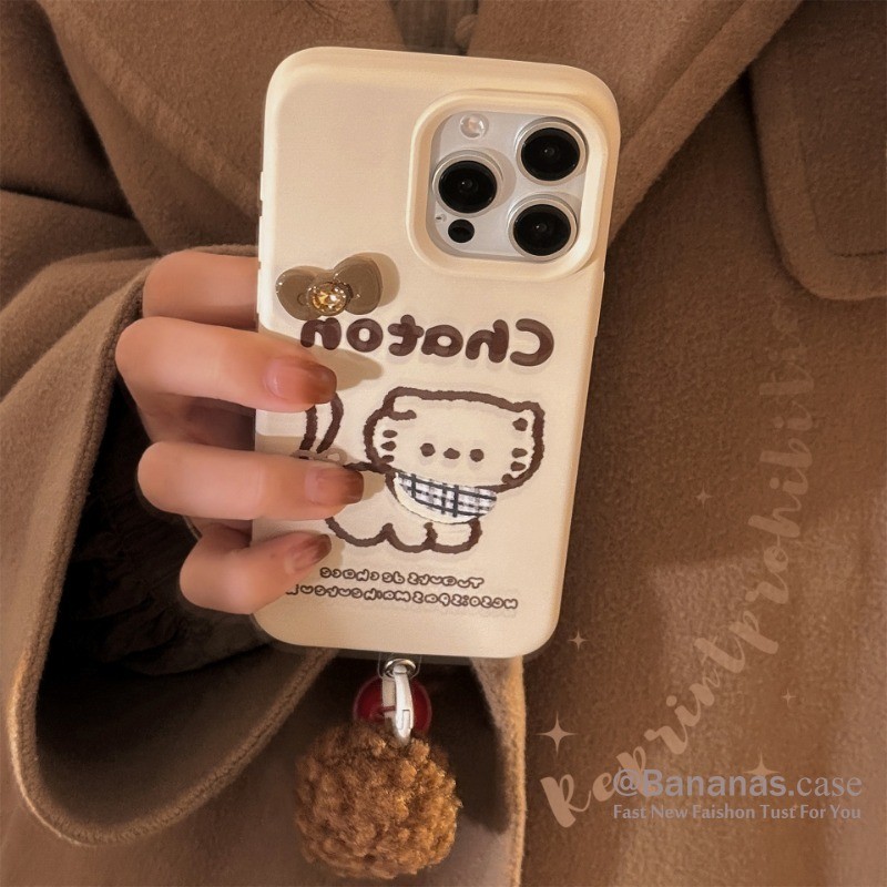Iphone 16 15 14 13 12 11 Pro Max X Xr Xs Max เคสโทรศัพท์น่ารักสีน้ําตาลโบว์ Cat + Lanyard คู่หนังนุ่มปกหลัง