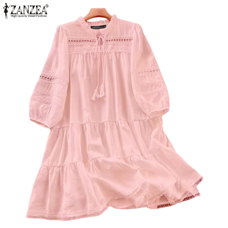 Zanzea ชุดเดรสลําลองคอกลมหลวมโครงกระดูก 3/4 แขน