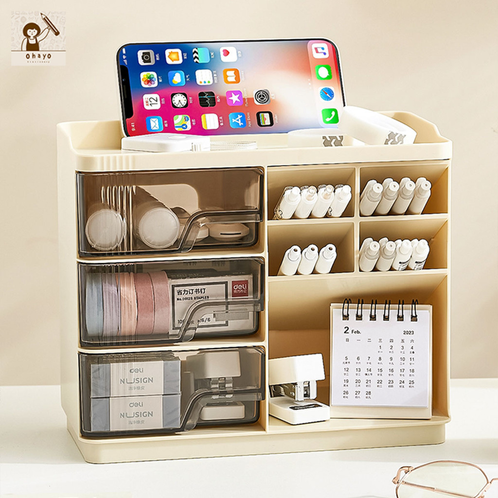 ohayo กล่องเก็บเครื่องเขียน กล่องใส่เครื่องเขียนมีลิ้นชัก ใส่ปากกา ใส่เครื่องเขียน จัดโต๊ะ จัดเก็บอุ