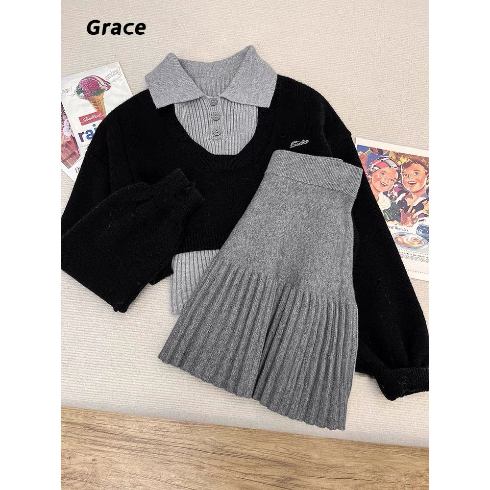 [Grace] ชุดสูทเซ็กซี่สไตล์เกาหลีย้อนยุคสั้นถักเสื้อกันหนาวกระโปรงสั้นชุดสูทสามชิ้น...G79870#