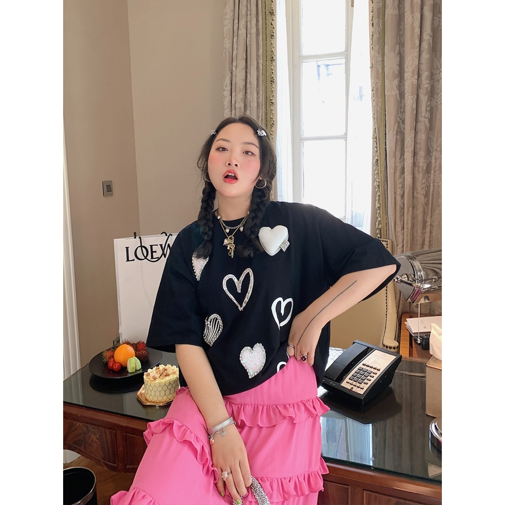 (จัดส่งตลอด 24 ชั่วโมง）Angle Official เสื้อยืดแขนสั้นทรงหลวม ลำลอง เกาหลี แฟชั่น พิมพ์ลายหัวใจ โอเวอร์ไซส์ ผ้าคอตตอน 01