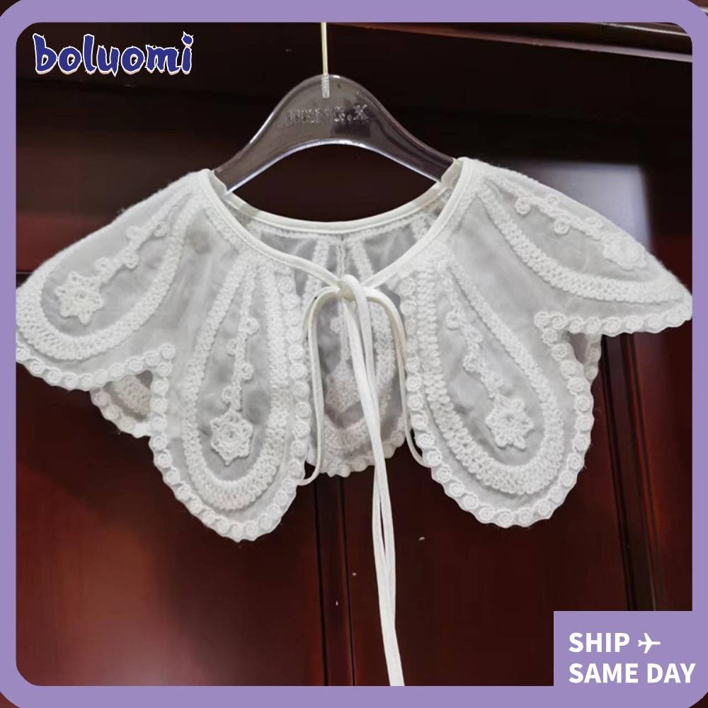 Boluomi เสื้อลูกไม้ผู้หญิง, ปลอกคออินซาเซียลูกไม้ขึ้นผ้าคลุมไหล่โบว์ปกปลอม, เย็บปักถักร้อย Organza เสื้อที่ถอดออกได้