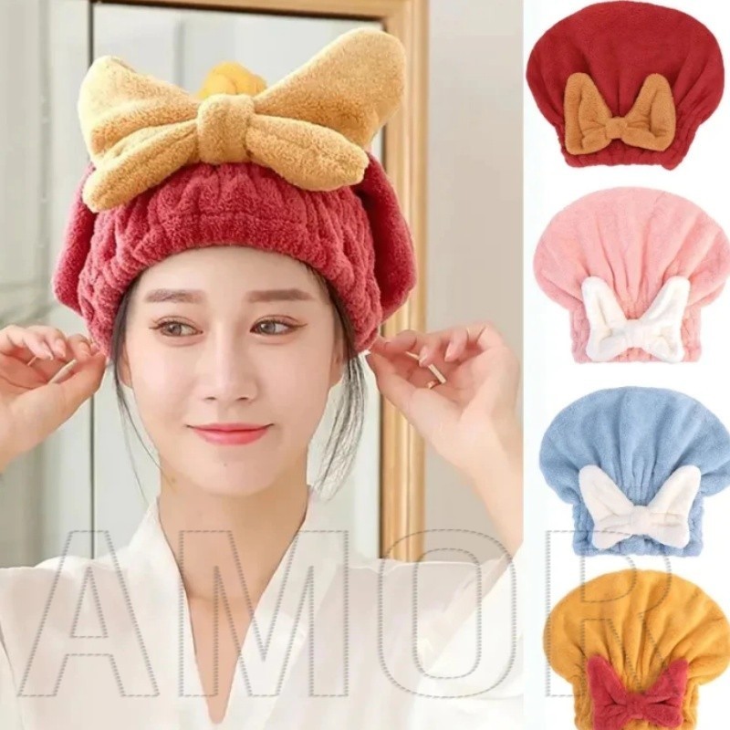 Dry Hair Towel With Bow - Coral Velvet Shower Hat - Ultra Absorbent, Quick-Drying, Cute