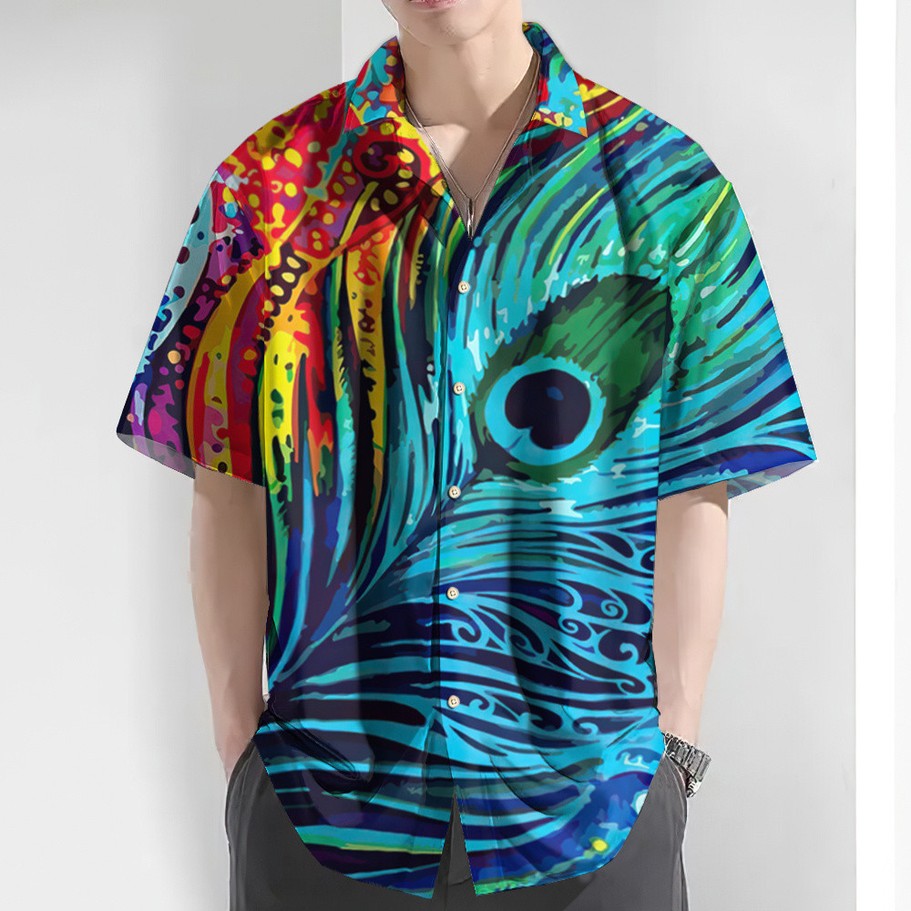 ฤดูร้อนใหม่ชายเสื้อ 3d นกยูง Feather พิมพ์เสื้อฮาวายสําหรับชายทุกวัน Casual Man เสื้อผ้าหลวมขนาดใหญ่เสื้อ