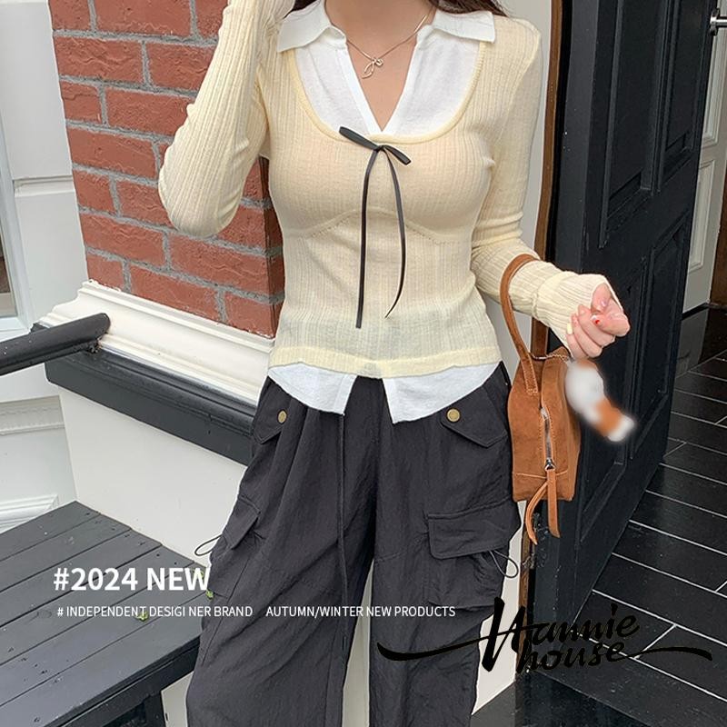Hanie House- เสื้อยืดคอวีแขนยาวลําลองสีตัดกันสําหรับผู้หญิง