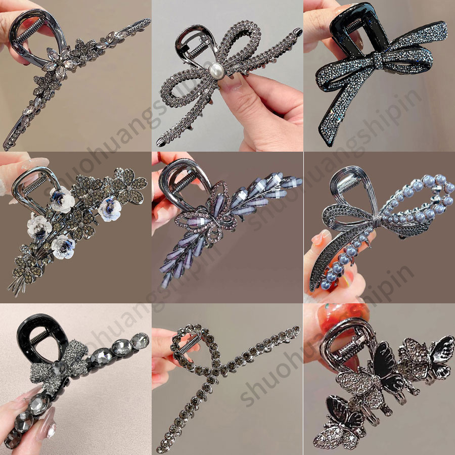 Retro Temperament Elegant กิ๊บติดผมสีดํา Rhinestone ดอกไม้เรขาคณิตประณีต High-End Feeling Gri