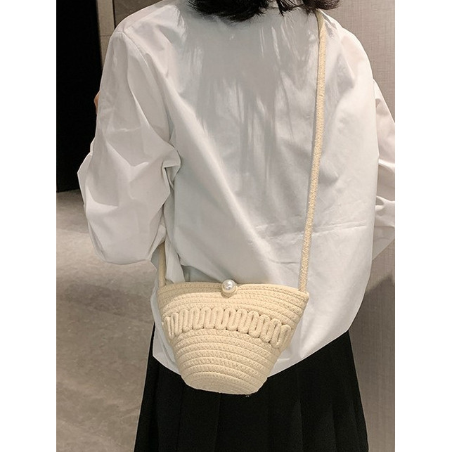 พร้อมส่ง กระเป๋าเชือกถักมุก เล่นลาย เชือกฝ้าย สายยาว งานเกรดพรีเมี่ยม P283