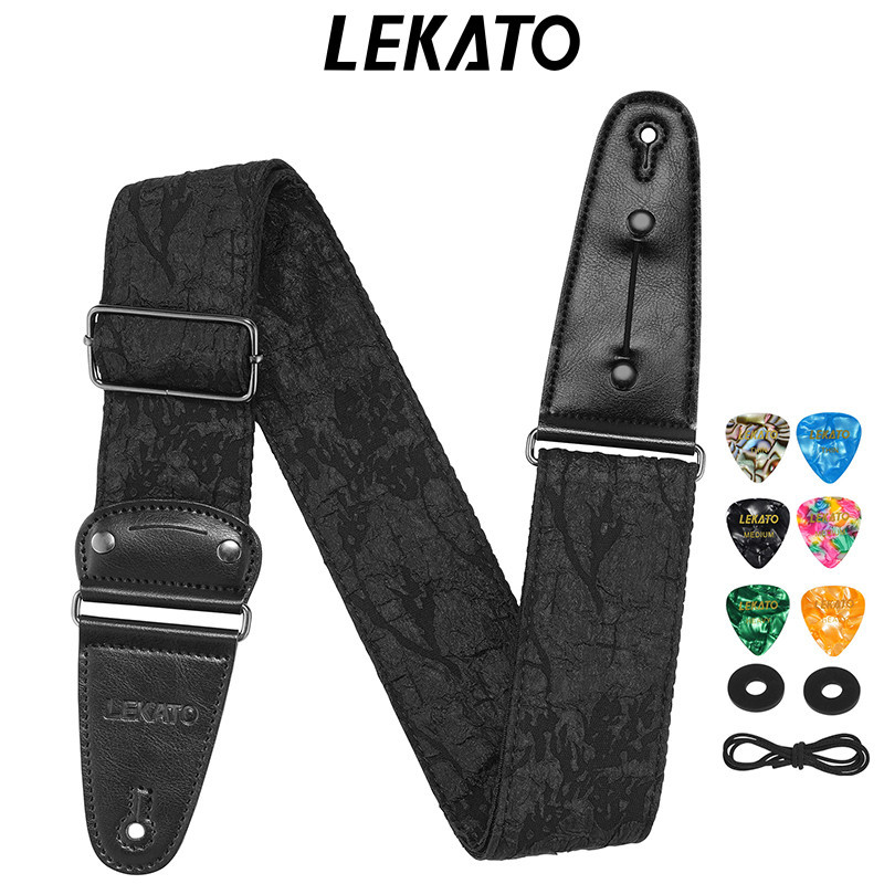 Lekato LGS-7 สายกีตาร์ Vintage Jacquard 2.5 "ความกว้างปรับความยาว 37" ถึง 62" พร้อม Picks 6 ชิ้น