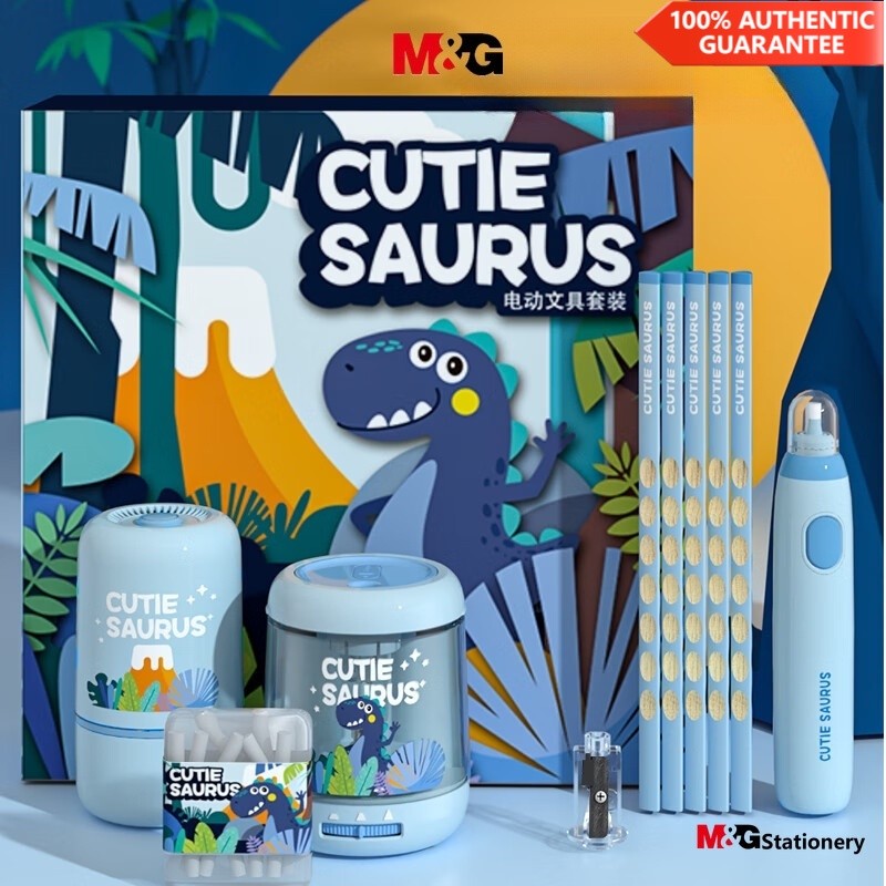M&g ชุดกล่องของขวัญ เครื่องเขียนไฟฟ้า (กบเหลาดินสอไฟฟ้า เครื่องดูดฝุ่น ยางลบ ดินสอหลุม) HAWP2182 พาวเวอร์ซัพพลายคู่ ไดโนเสาร์น้อย M และ G