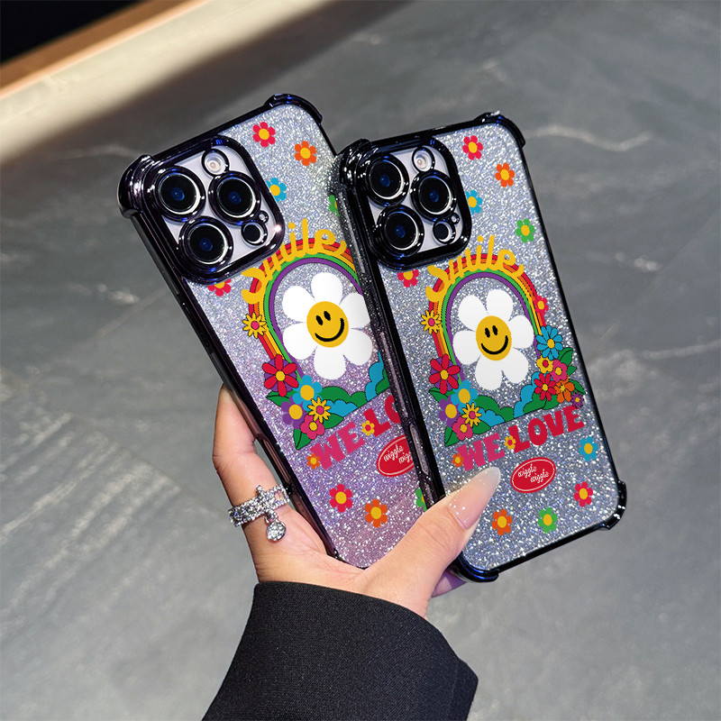 เคสซัมซุง ง่ายๆ สายรุ้ง ดอกไม้ ยิ้มหน่อย การชุบ แววแป้ง เคส case Samsung galaxy S21 S22 + S23 PLUS S24 ULTRA S24FE S23 FE 4G 5G CASING