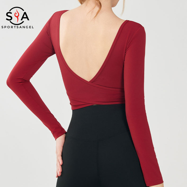 Sportangel (เบาะคงที่) กีฬาเซ็กซี่ Cross Back เสื้อยืดแห้งเร็วโยคะพิลาทิส Crop Top