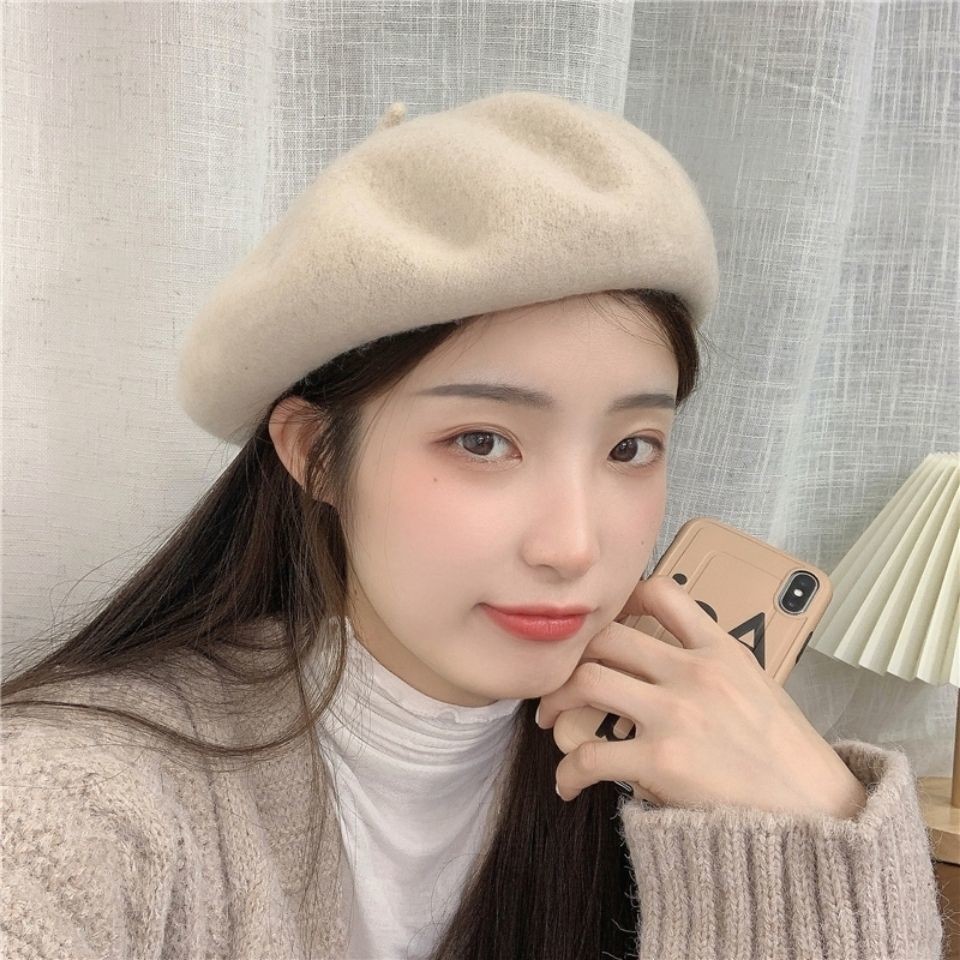 หมวกเบเร่ต์ฤดูใบไม้ร่วงและฤดูหนาวทําด้วยผ้าขนสัตว์ฟักทองถักหมวกหวานญี่ปุ่นย้อนยุคศิลปะจิตรกรหมวกดอกตูม