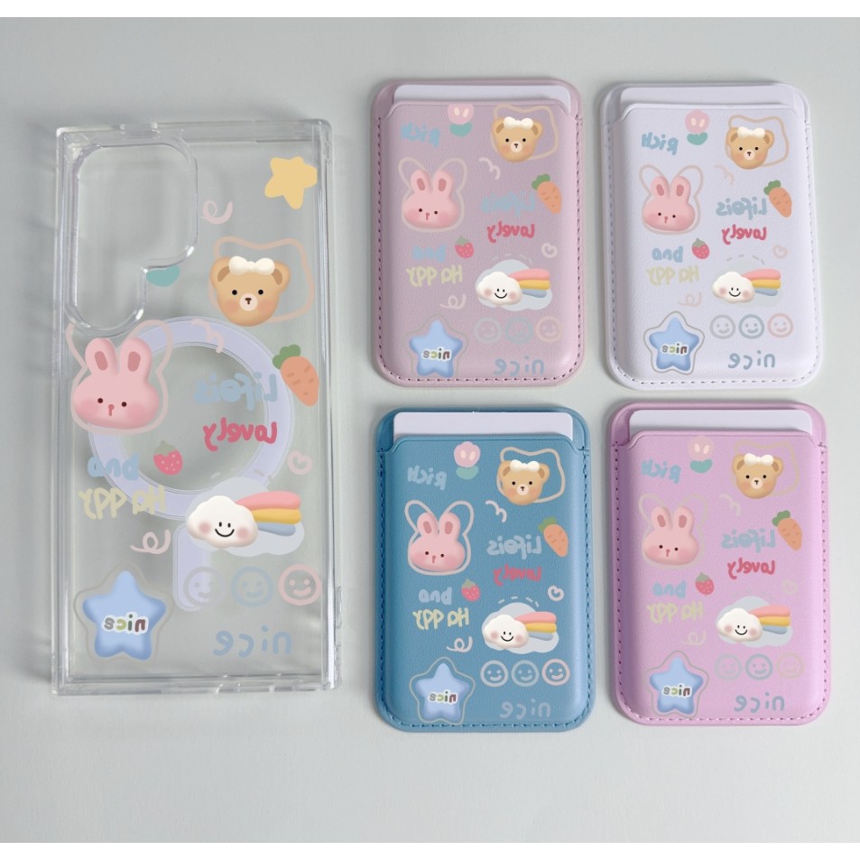 2pcs การ์ตูนสัตว์ Cloud รูปแบบกระเป๋าสตางค์สําหรับ Samsung s25 s25plus ultra กรณี Girly S22 S22plus S23 S23Plus s23fe s24 s24plus s24ultra กระเป๋าสตางค์ปกหลัง