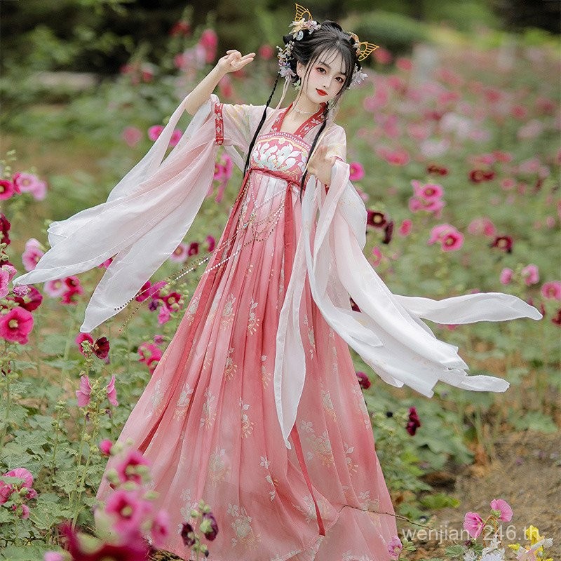 ต้นฉบับใหม่ Hanfu {Qinglian} สไตล์จีนแขนหักองค์ประกอบ Han กระโปรงใหญ่สำหรับแฟนสาวชุดฤดูร้อนและฤดูใบไม้ร่วงกระโปรงเต็มหน้าอก