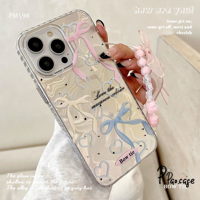 โบว์หวานสร้อยข้อมือเข้ากันได้เคสไอโฟน 11 16 13 15 12 14 Pro Max XR 16 8 7 Plus X XS Max SE โบว์น้อยน่ารักเงาลูกฟูกเคส
