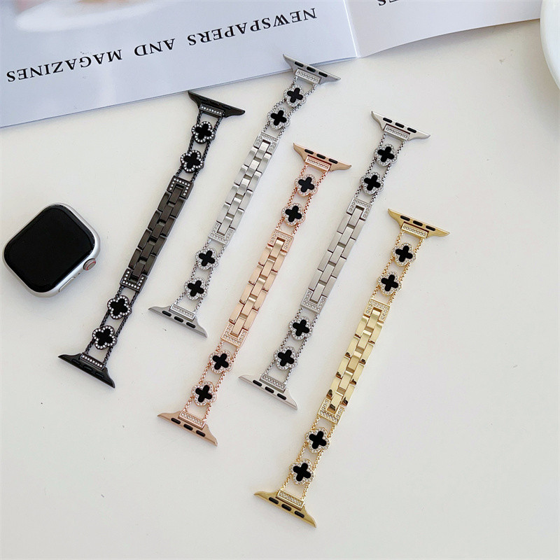 (10 สี) ชุดโคลเวอร์สี่ใบพร้อมสายเพชรสําหรับนาฬิกา Series 10 9 8 7 6 SE 5 4 3 2 1 Ultra2/Ultra สําหรับ I-Watch ขนาด 42/46/38/40/41/42/44/45/49 มม.อุปกรณ์เสริมสมาร์ทวอทช์