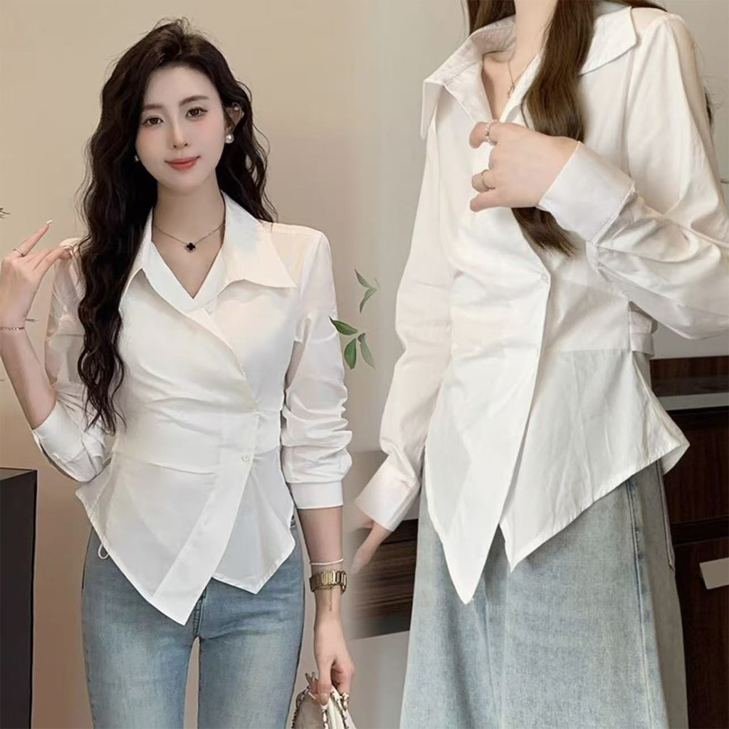 เสื้อเชิ้ตแขนยาวไม่สมมาตร ลายทางสีน้ำเงิน สไตล์ฝรั่งเศส