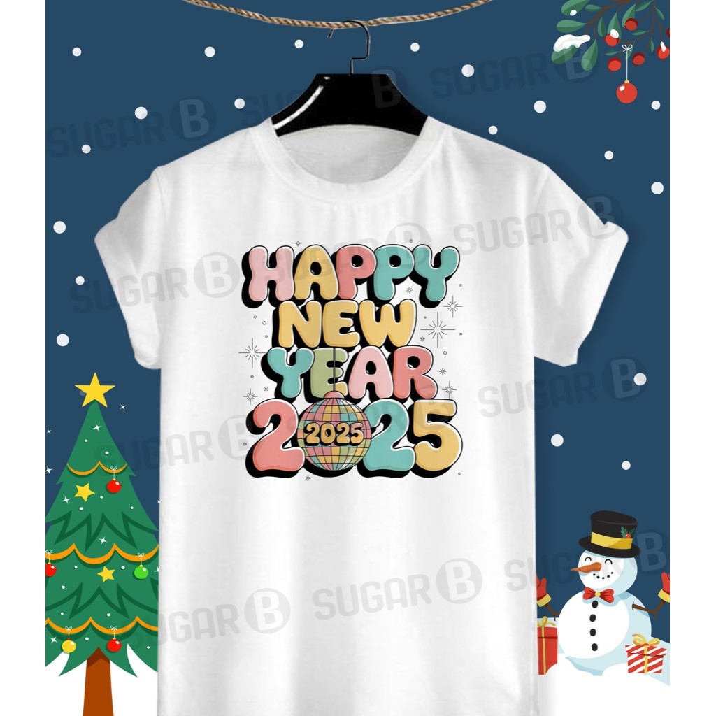 เสื้อยืดวันปีใหม่ Merry Christmas & HNY 2025 ผ้า TK ใส่สบาย สีสันสดใส ใส่สบาย ไม่ยืดไม่ย้วย