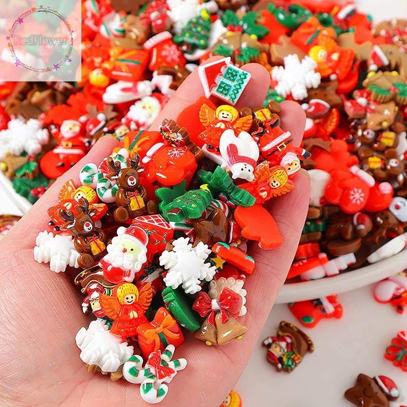 Redflower 10pcs เรซิ่นคริสต์มาส Flatbacks Santa Snowman Snowflake Holly Xmas Tree ผสม Cabochons สําหรับ Scrapbooking DIY หัตถกรรมผมเครื่องประดับ TH