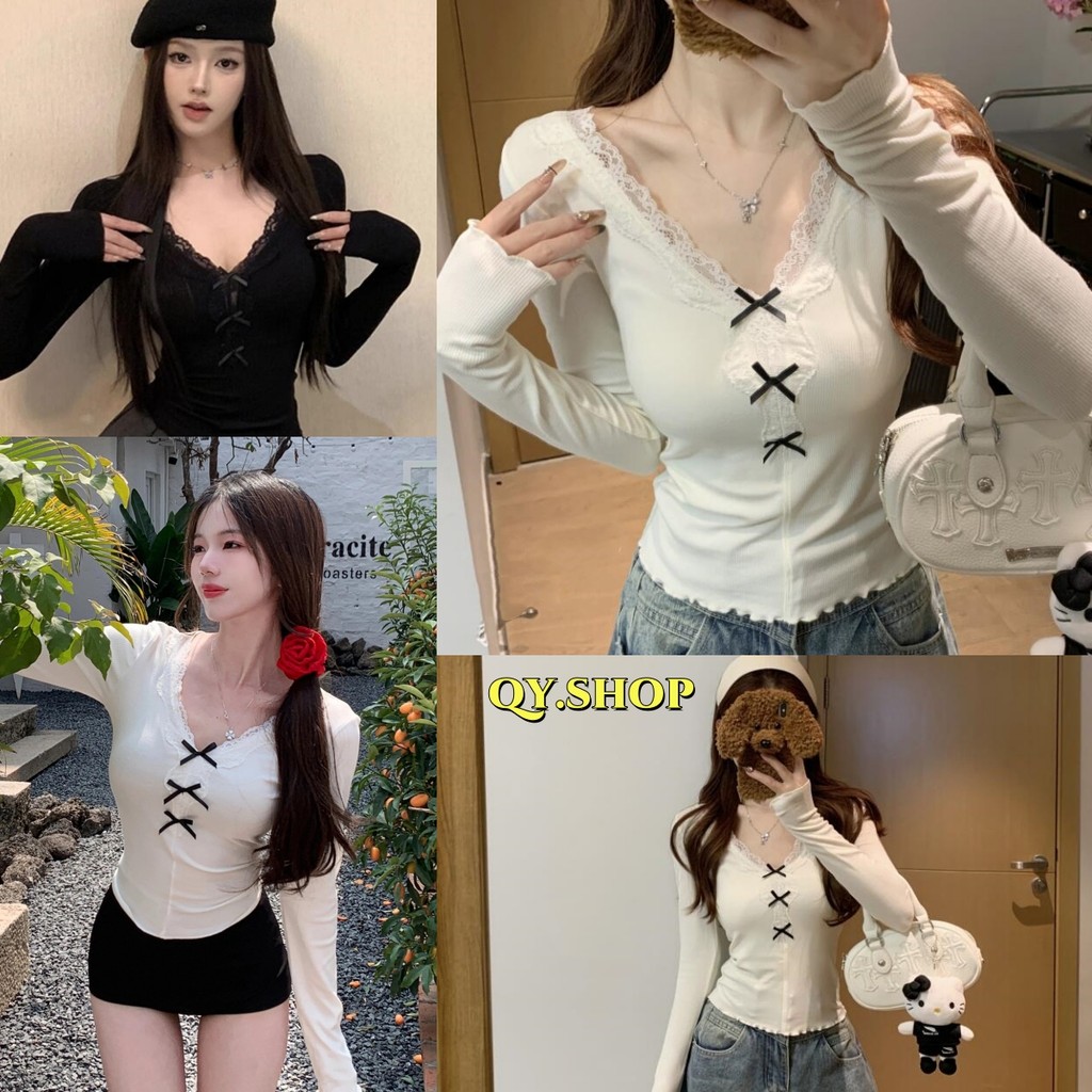 QY.Shop สินค้าราคาพิเศษ เสื้อแขนยาวไหมพรม คอวี สีพื้น เกาหลีสไตล์ทรงรัดตัวใส่ง่าย "10149"