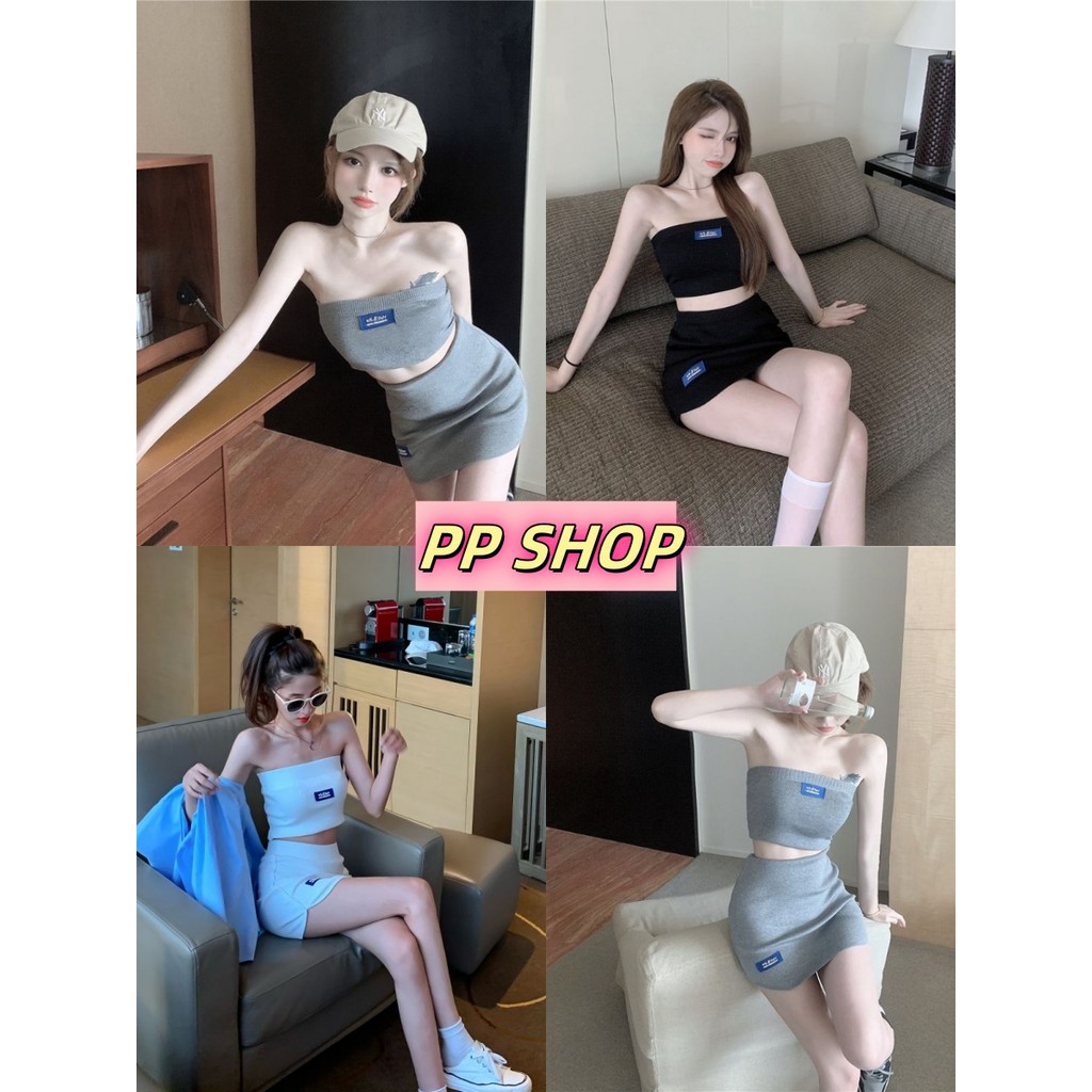 PP shop ​พร้อมส่งเสื้อสายเดี่ยวแขนกุดเซ็กซี่ เข้ารูปใส่สบายเสื้อครอป ผ้าถัก ผ้ายืด แฟชั่นฤดูร้อน ชุดเดียว+กระโปรง#11201