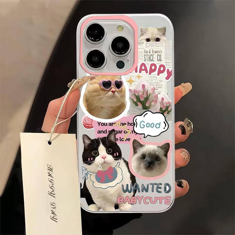 TPU ปุ่มชุบไฟฟ้า🔥 เคสไอโฟน นิ่มกันกระแทก เคสโทรศัพท์ iPhone 11 12 13 14 15 Pro Max XR XS X 7 8Pสุนัขและแมวมีความสุข