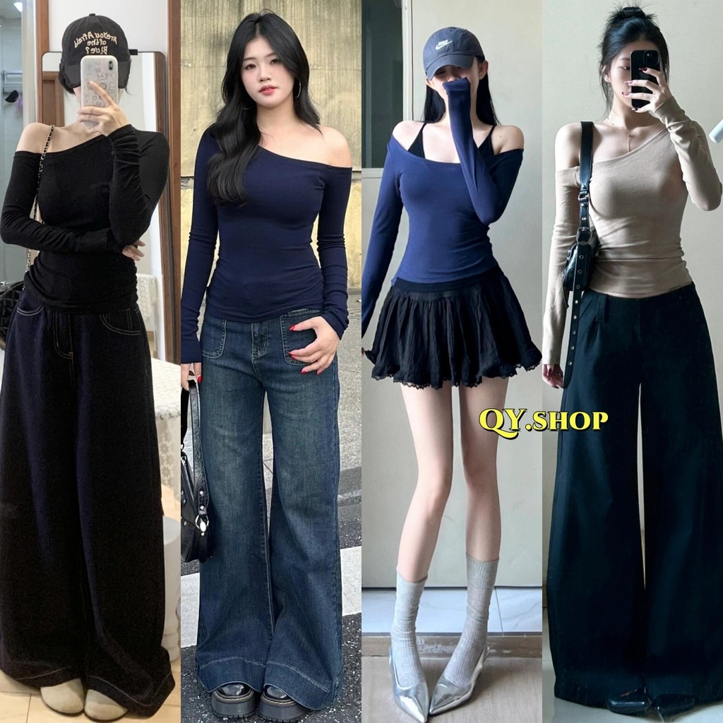 QY.Shop สินค้าราคาพิเศษ เสื้อเปิดไหล่แขนยาว ผ้านิ่มทิ้งตัว คาวาอี้ยืดตามตัว "FY789"