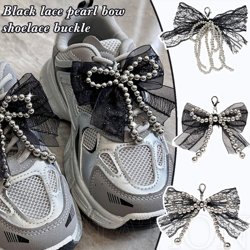 ลูกไม้สีดํามุกโบว์เชือกผูกรองเท้าหัวเข็มขัด-สองชั้นโบว์ลูกปัดสตริงจี้กุ้งก้ามกรามหัวเข็มขัด-รองเท้า,อุปกรณ์ตกแต่งกระเป๋า-แฟชั่นเกาหลี, หวาน, อิน ทําเอง เครื่องประ