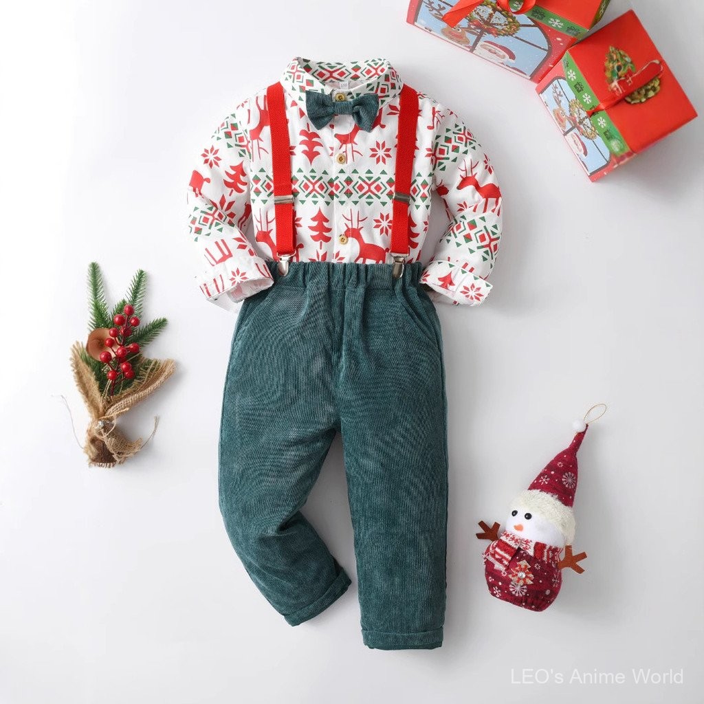 1120-SDJB Children's Clothing Boys' Christmas Printed White Coat Green Corduroy Suspender Pants Suit