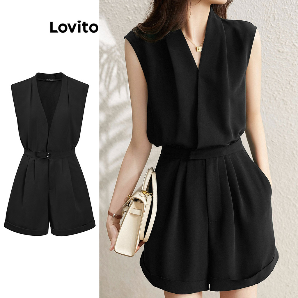 Lovito ชุดจั๊มสูทผู้หญิง เบสิก แต่งกระดุม จับจีบ สีพื้น สไตล์ลำลอง L86ED227