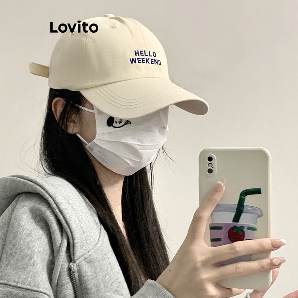 Lovito หมวกแก๊ปผู้หญิง ปรับขนาดได้ ลายตัวอักษร สไตล์ลำลอง LFA09491