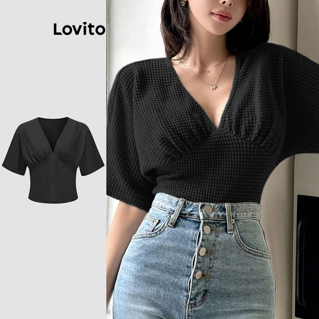 Lovito เสื้อยืดผู้หญิง จีบย่น ผ้าแจ็คการ์ด สีพื้น สไตล์หรูหรา L89ED055