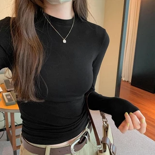 BIMI เสื้อยืดกระชับสัดส่วนทรงสลิมฟิตแขนยาวสไตล์พื้นฐานฤดูใบไม้ร่วงของผู้หญิงมาใหม่อเนกประสงค์สไตล์เกาหลีเสื้อฐานผู้หญิง