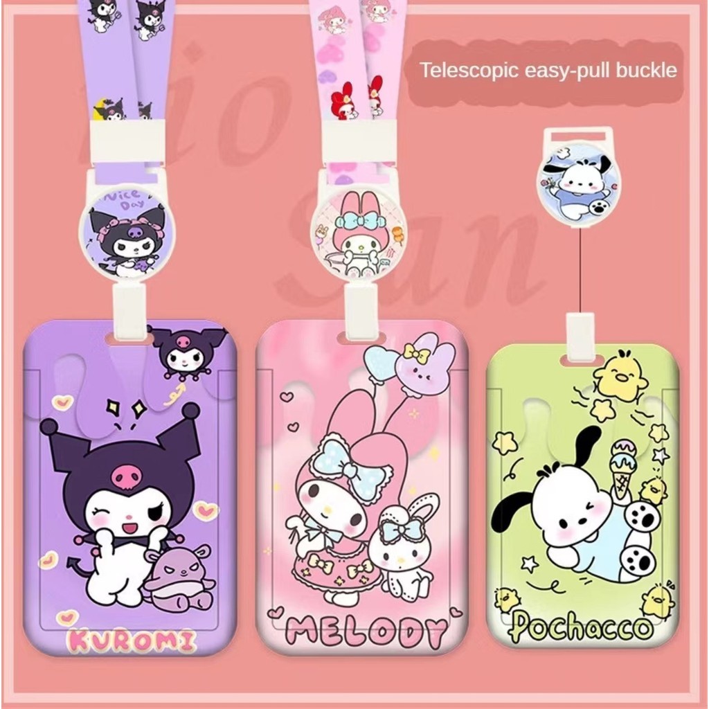 Sanrio สายคล้องบัตรรูปการ์ตูน ใส่บัตรรถเมล์ บัตรพนักงาน เชือกเส้นเล็กหดได้ ใส่บัตรประจำตัวประชาชน บัตรโรงเรียนนักเรียน
