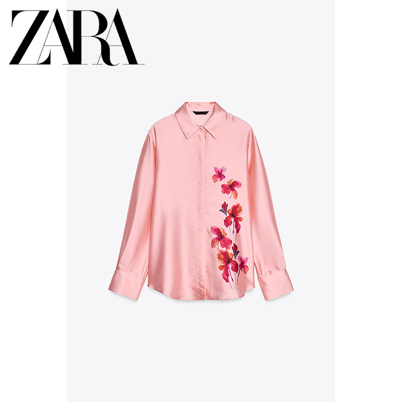ZARA ซาร่า 25 ฤดูใบไม้ผลิสินค้าใหม่เสื้อผ้าสตรีดอกไม้พิมพ์ซาตินพื้นผิวเสื้อแขนยาว