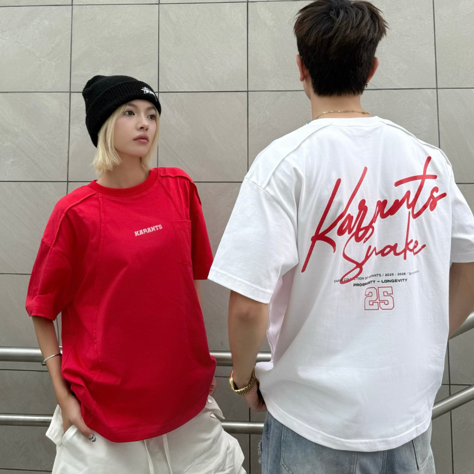 Karants, International Brand, เสื้อยืดกระเป๋าข้างลายงู, Short Loose-KR185