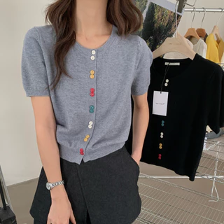 GAKKI เสื้อคาร์ดิแกนถักแขนสั้นคอกลมผู้หญิง เสื้อไหมน้ำแข็งถักไหล่ตรงสวยงามมากสำหรับผู้หญิง พร้อมส่ง รุ่น 3168#
