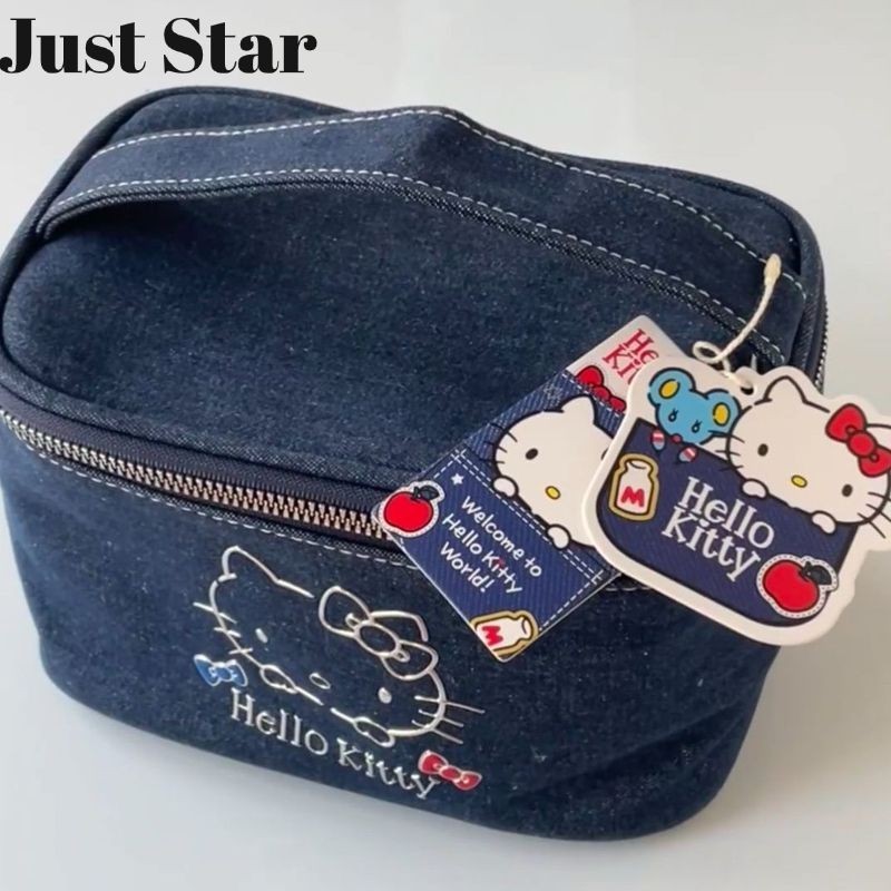 Juststar Kitty Cat Denim กระเป๋าเครื่องสําอางขนาดใหญ่ความจุลิปสติกชุดหูฟังแบบพกพากระเป๋าเก็บแบบพกพา
