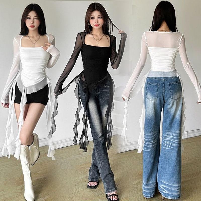 Mimi&Didi#เสื้อตาข่ายใสแมงกะพรุนมีแขน แนวแฟรี่ เสื้อยืดแขนยาว คอเหลี่ยมจับจีบ เซ็กซี่และผิดปกติ สำหรับผู้หญิง#W567
